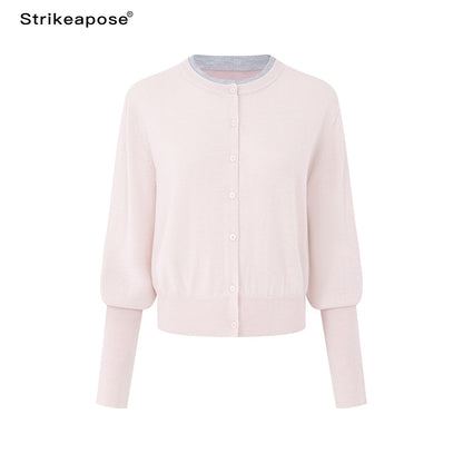 STRIKE_A_POSE_Color_Block_Faux_Layered_Crewneck_Puff_Sleeve_Cardigan_Knit_Women&