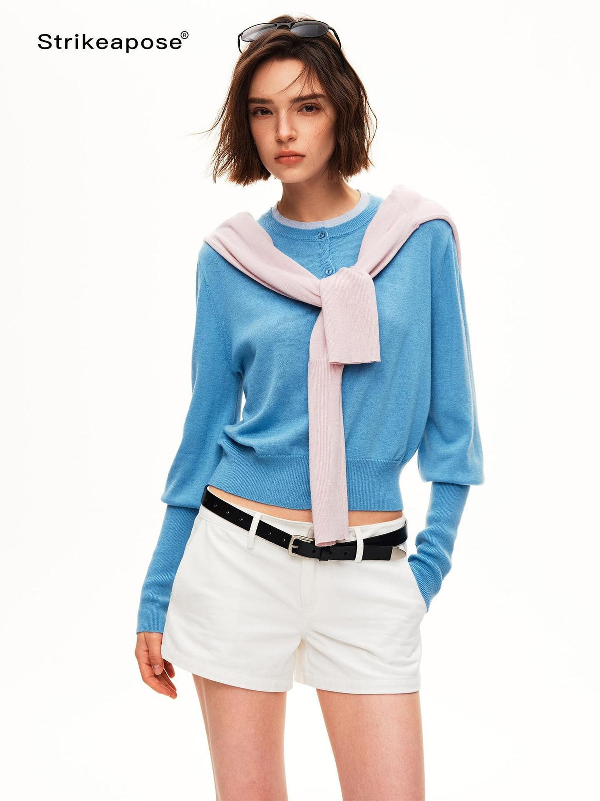 STRIKE A POSE Color Block Faux Layered Crewneck Puff Sleeve Cardigan Knit Women&