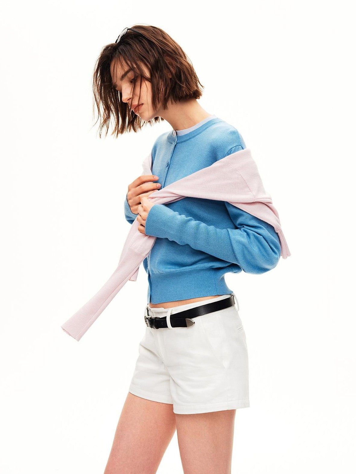 STRIKE A POSE Color Block Faux Layered Crewneck Puff Sleeve Cardigan Knit Women&