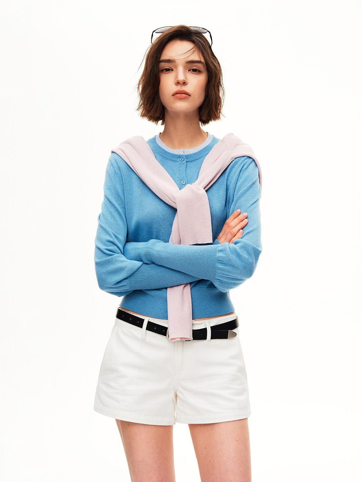 STRIKE A POSE Color Block Faux Layered Crewneck Puff Sleeve Cardigan Knit Women&