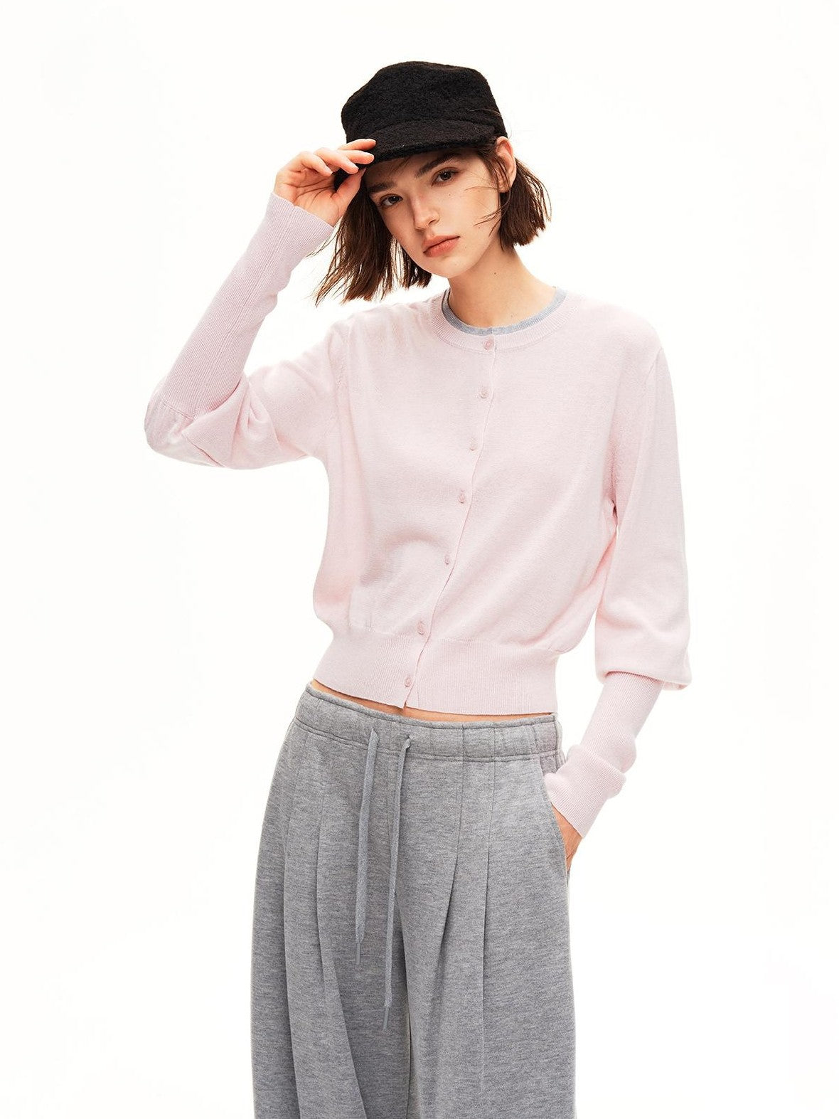 STRIKE A POSE Color Block Faux Layered Crewneck Puff Sleeve Cardigan Knit Women&