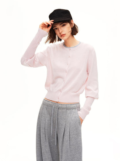 STRIKE A POSE Color Block Faux Layered Crewneck Puff Sleeve Cardigan Knit Women&