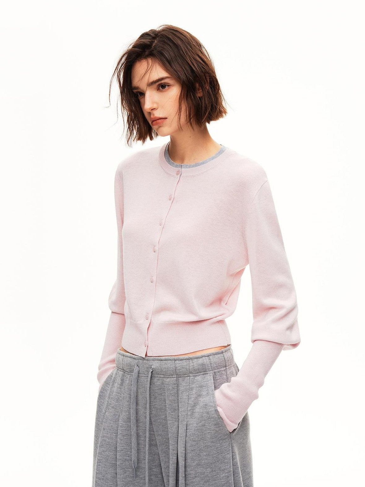 STRIKE A POSE Color Block Faux Layered Crewneck Puff Sleeve Cardigan Knit Women&