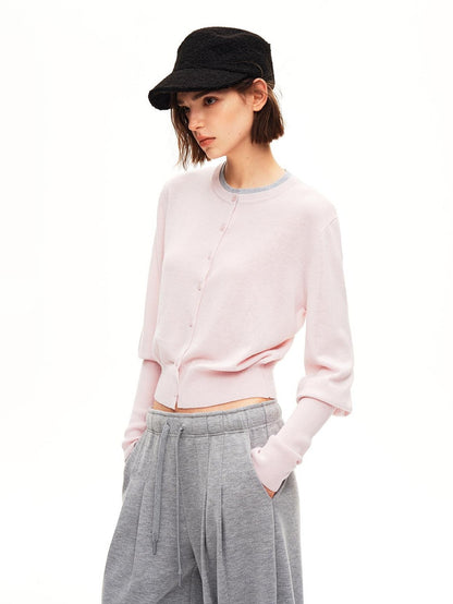 STRIKE A POSE Color Block Faux Layered Crewneck Puff Sleeve Cardigan Knit Women&