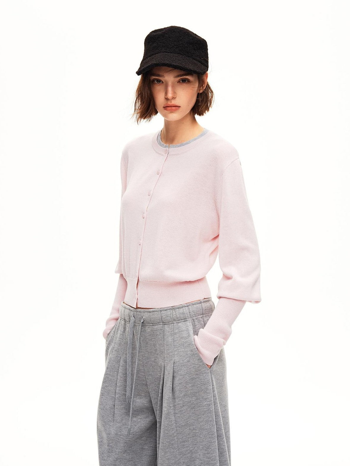 STRIKE A POSE Color Block Faux Layered Crewneck Puff Sleeve Cardigan Knit Women&