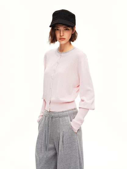 STRIKE A POSE Color Block Faux Layered Crewneck Puff Sleeve Cardigan Knit Women&