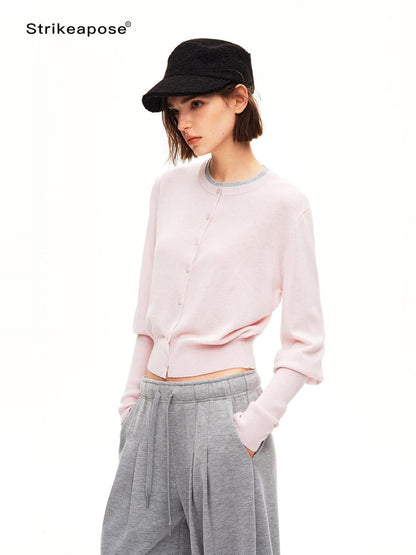 STRIKE A POSE Color Block Faux Layered Crewneck Puff Sleeve Cardigan Knit Women&