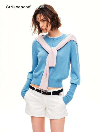 STRIKE A POSE Color Block Faux Layered Crewneck Puff Sleeve Cardigan Knit Women&