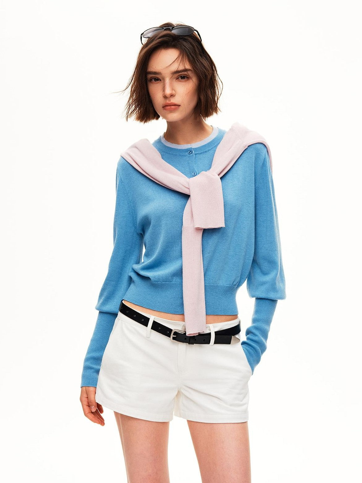 STRIKE A POSE Color Block Faux Layered Crewneck Puff Sleeve Cardigan Knit Women&