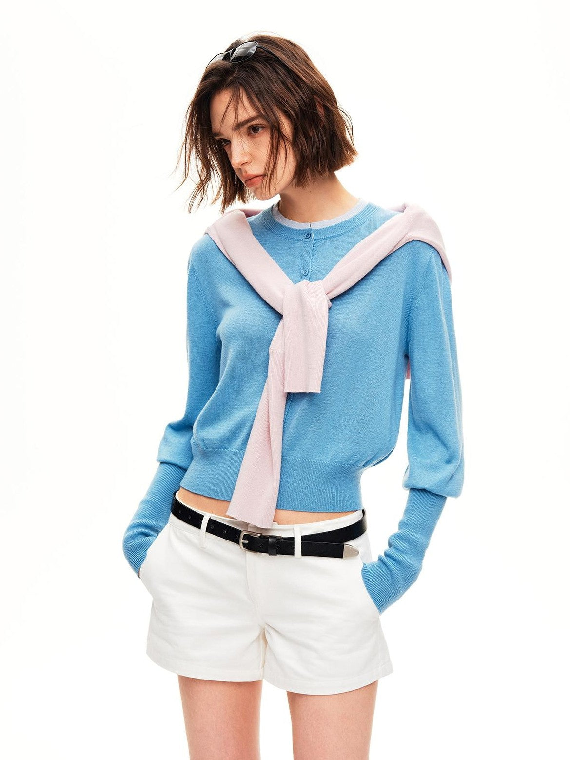 STRIKE A POSE Color Block Faux Layered Crewneck Puff Sleeve Cardigan Knit Women&