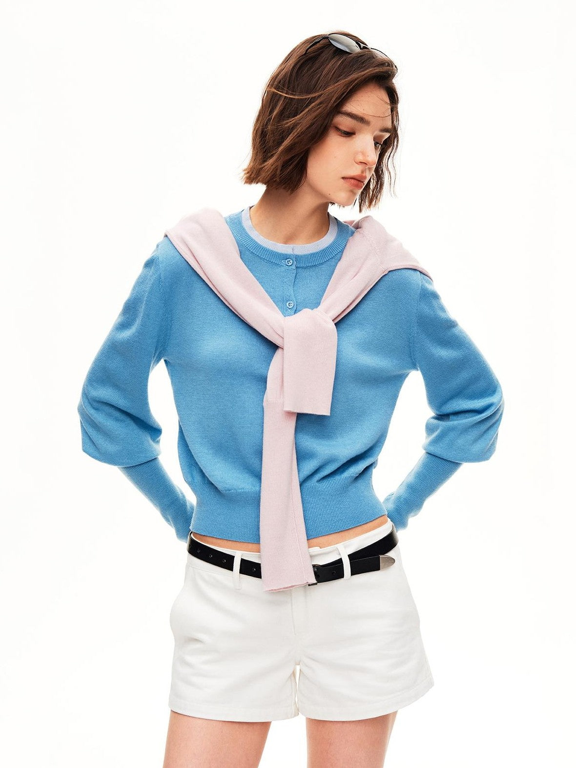 STRIKE A POSE Color Block Faux Layered Crewneck Puff Sleeve Cardigan Knit Women&