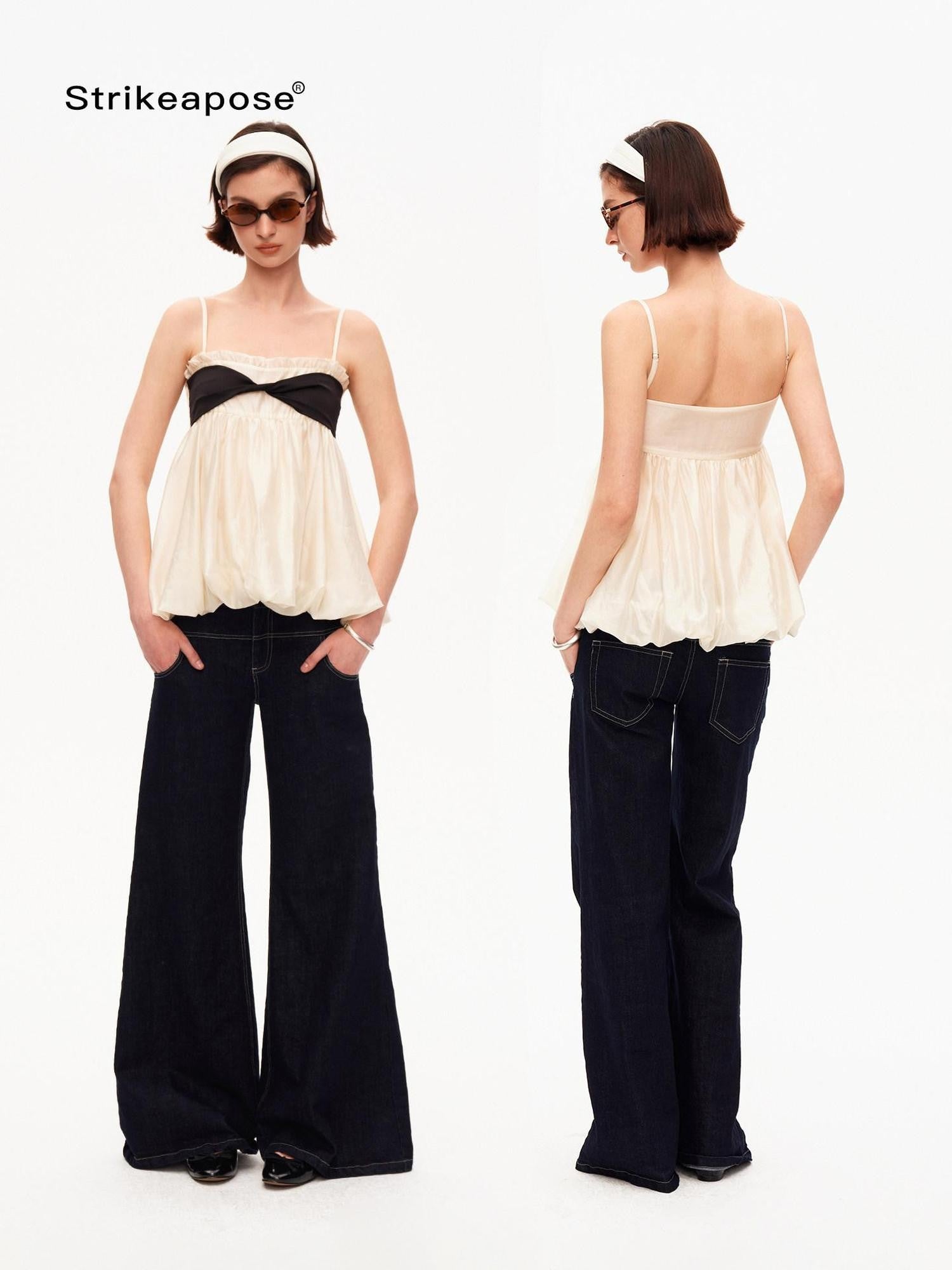 STRIKE A POSE Contrast Knot Ruffle Hem Bandeau Button Detail Women&
