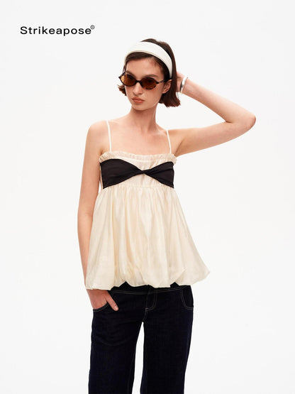 STRIKE A POSE Contrast Knot Ruffle Hem Bandeau Button Detail Women&