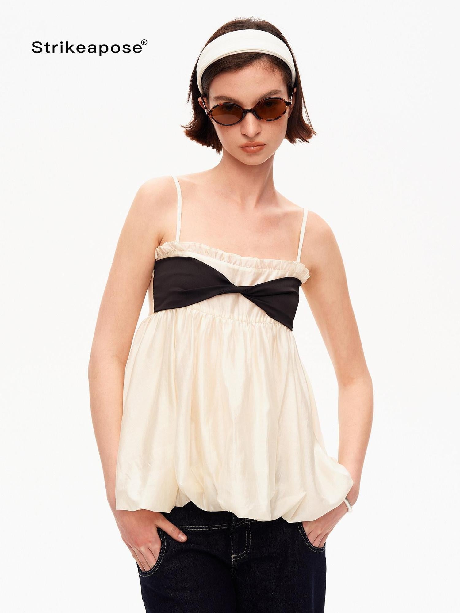 STRIKE A POSE Contrast Knot Ruffle Hem Bandeau Button Detail Women&