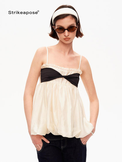 STRIKE A POSE Contrast Knot Ruffle Hem Bandeau Button Detail Women&