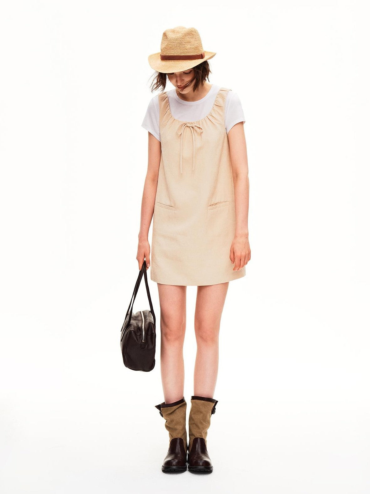 STRIKE A POSE Corduroy U Neck Ruched Bow Tie Sleeveless A Line Women&