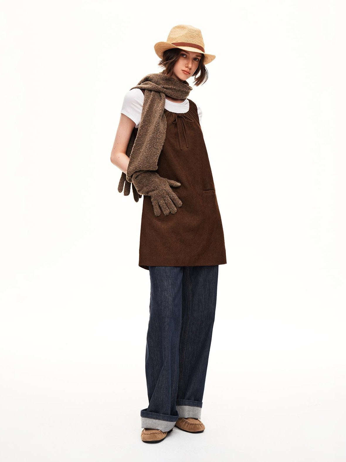 STRIKE A POSE Corduroy U Neck Ruched Bow Tie Sleeveless A Line Women&
