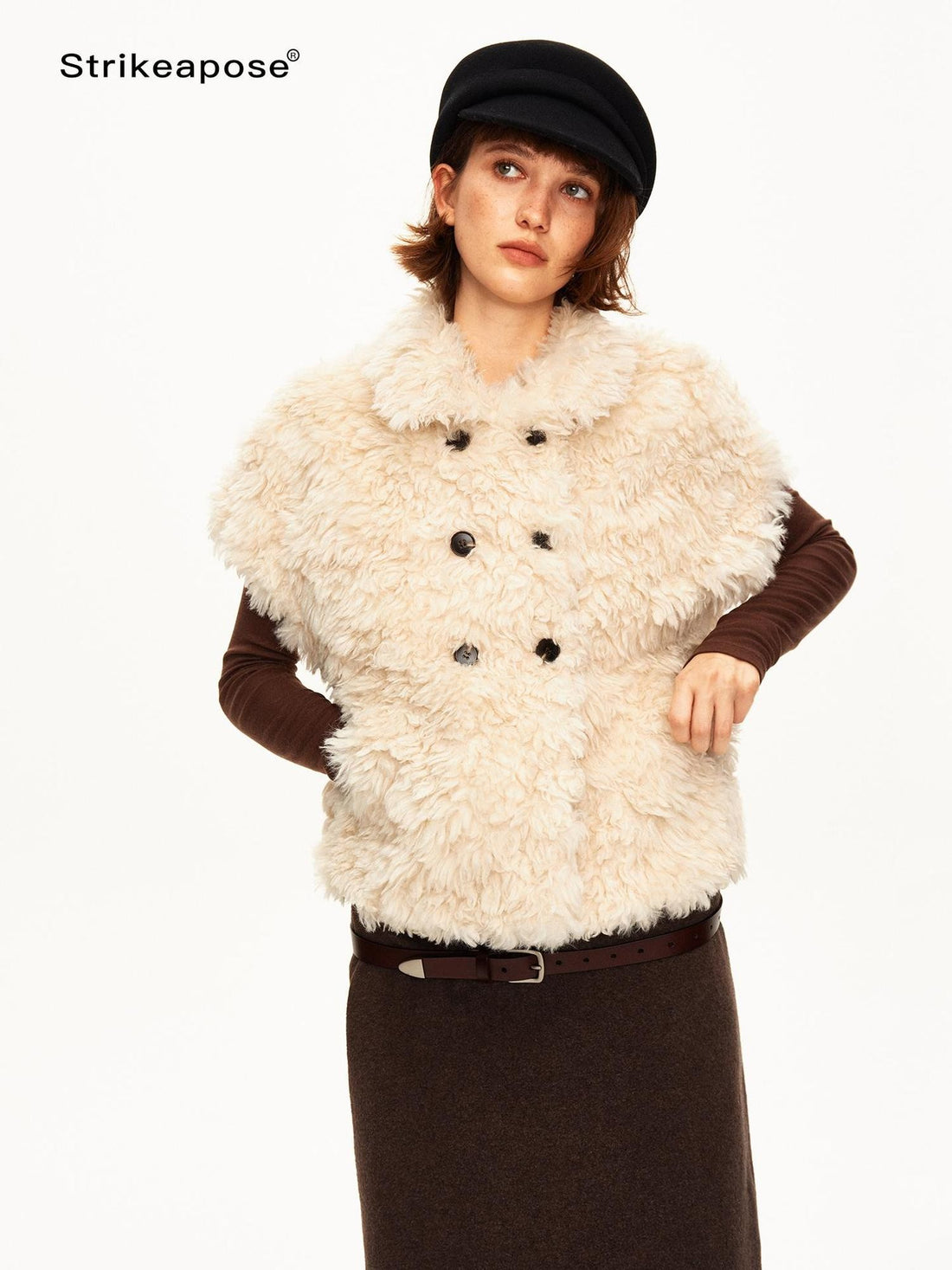 STRIKE A POSE Cream Double Breasted Lapel Cape Sleeve Cropped Women&