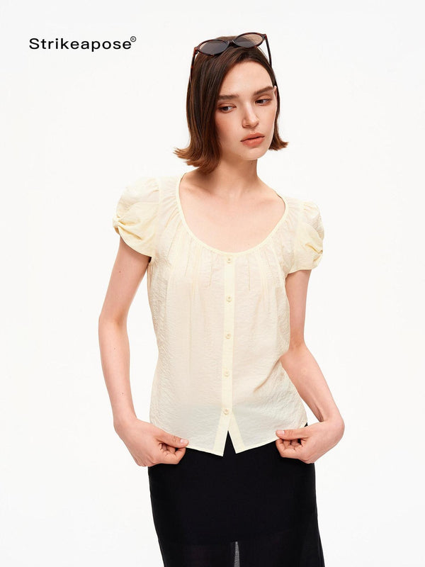 Crew Neck Puff Sleeve Tuck Layered Women's Silk Blend Short Sleeve T-shirts