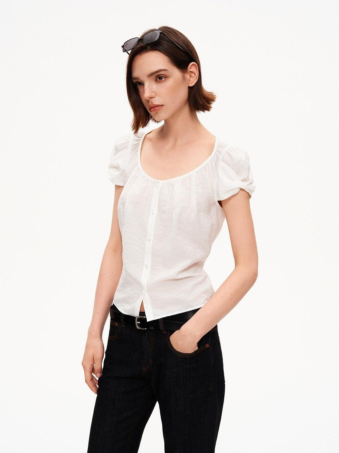 STRIKE A POSE Crew Neck Puff Sleeve Tuck Layered Women&