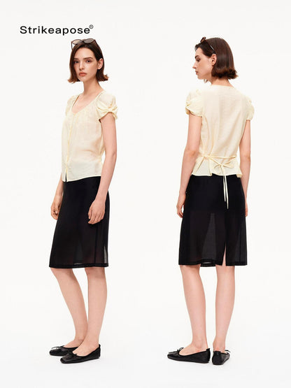 STRIKE A POSE Crew Neck Puff Sleeve Tuck Layered Women&