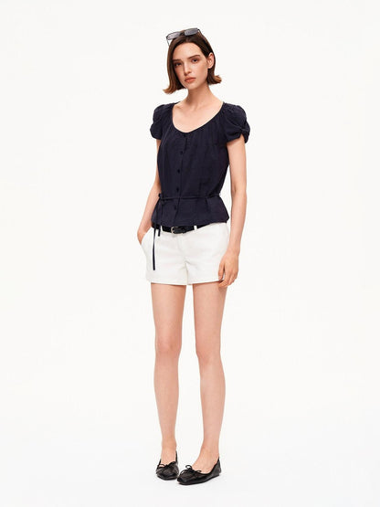 STRIKE A POSE Crew Neck Puff Sleeve Tuck Layered Women&