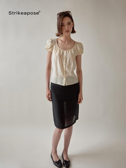 STRIKE A POSE Crew Neck Puff Sleeve Tuck Layered Women&