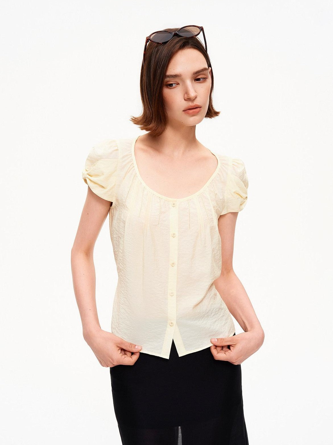 STRIKE A POSE Crew Neck Puff Sleeve Tuck Layered Women&
