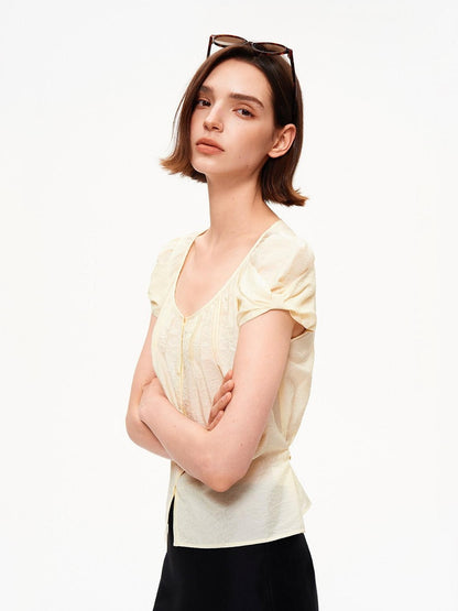 STRIKE A POSE Crew Neck Puff Sleeve Tuck Layered Women&