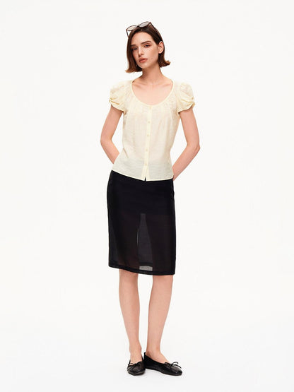 STRIKE A POSE Crew Neck Puff Sleeve Tuck Layered Women&