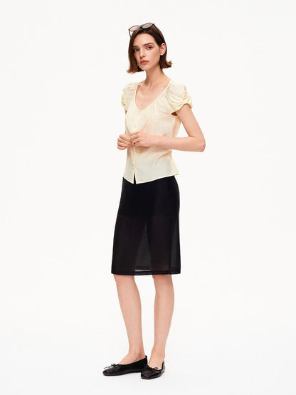 STRIKE A POSE Crew Neck Puff Sleeve Tuck Layered Women&
