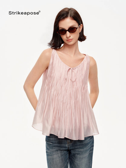 STRIKE A POSE Crinkled V-neck Pinched Pleat A Line Loose Lightweight Women&