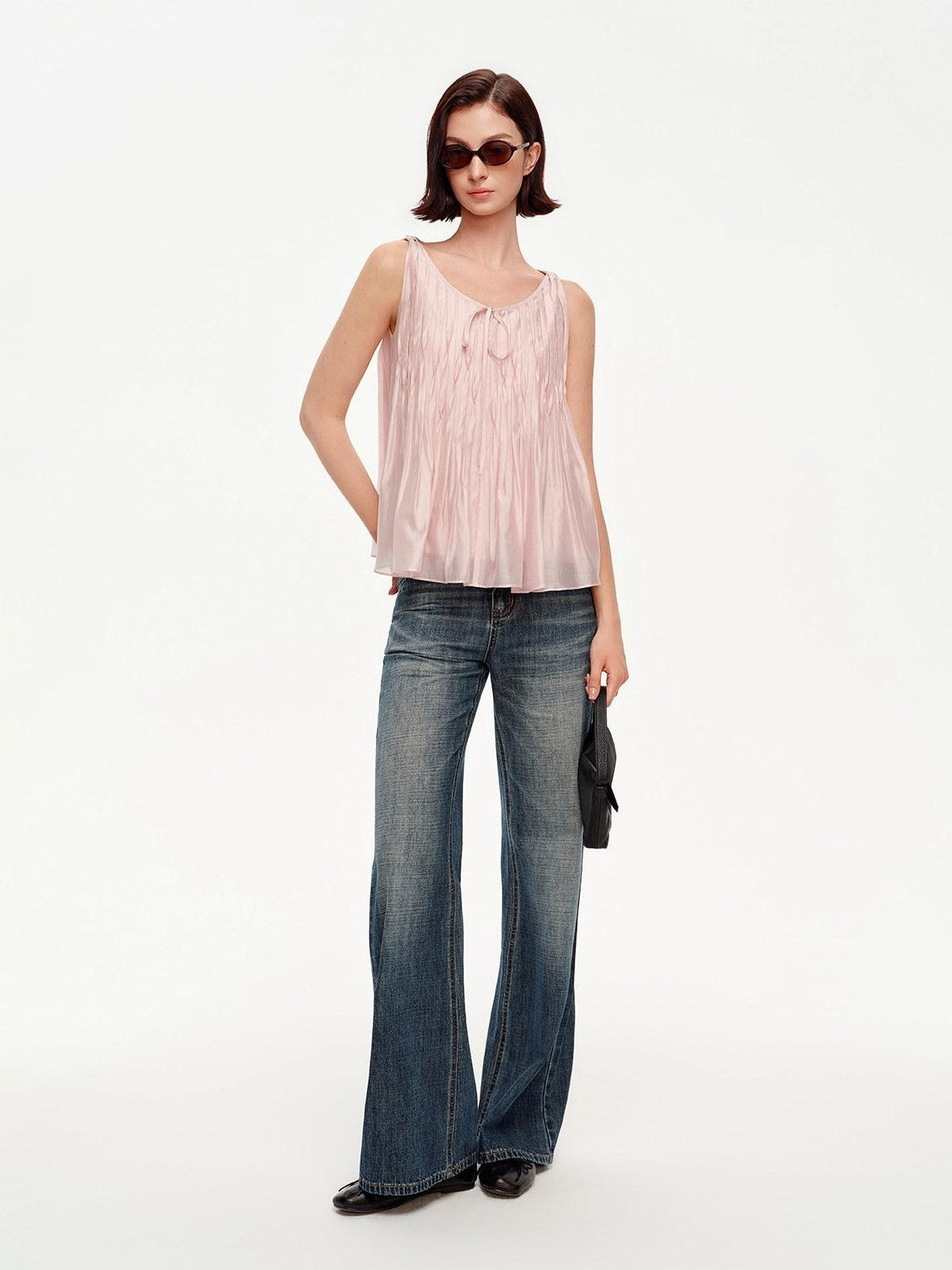 STRIKE A POSE Crinkled V-neck Pinched Pleat A Line Loose Lightweight Women&