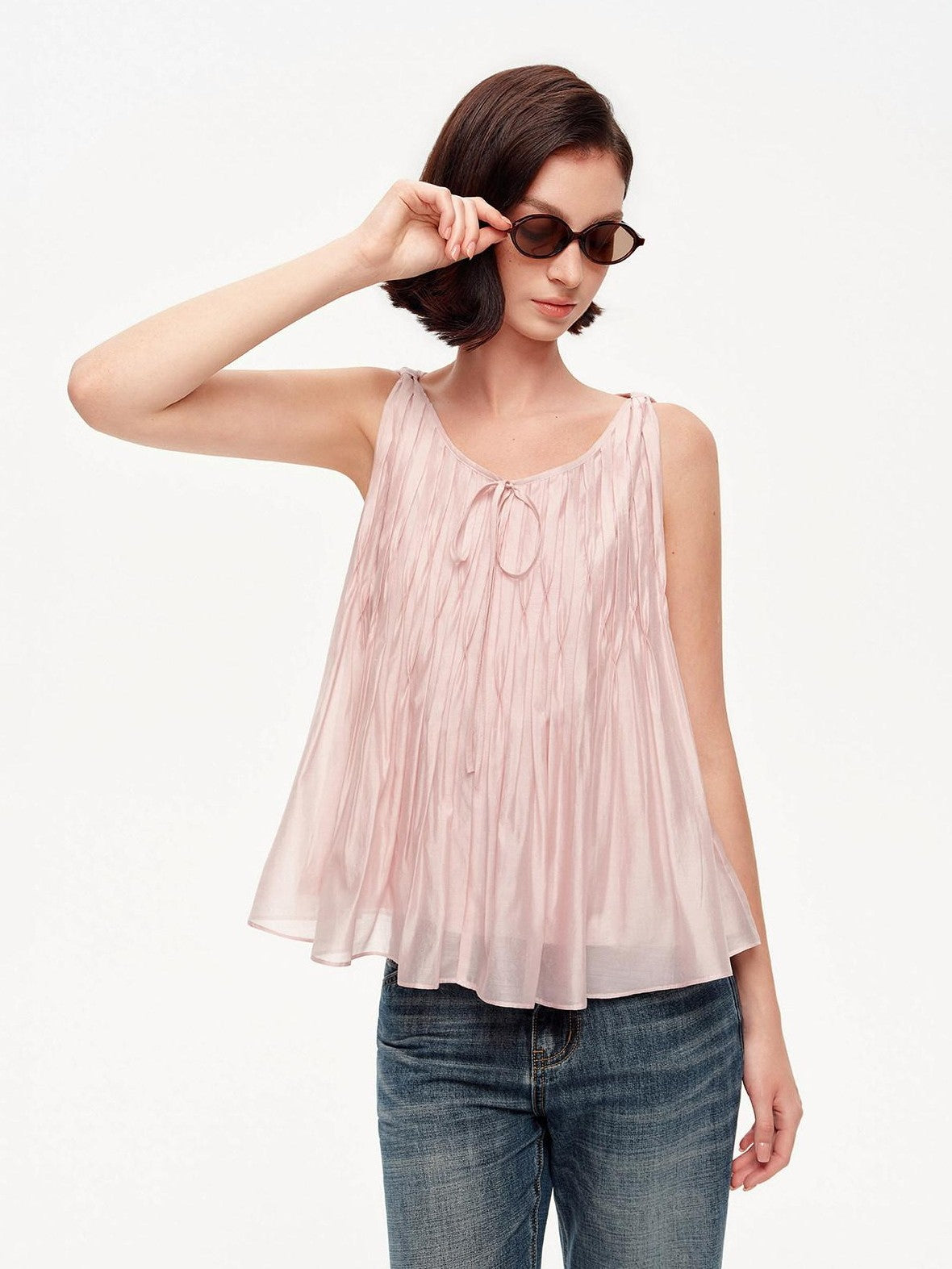 STRIKE A POSE Crinkled V-neck Pinched Pleat A Line Loose Lightweight Women&