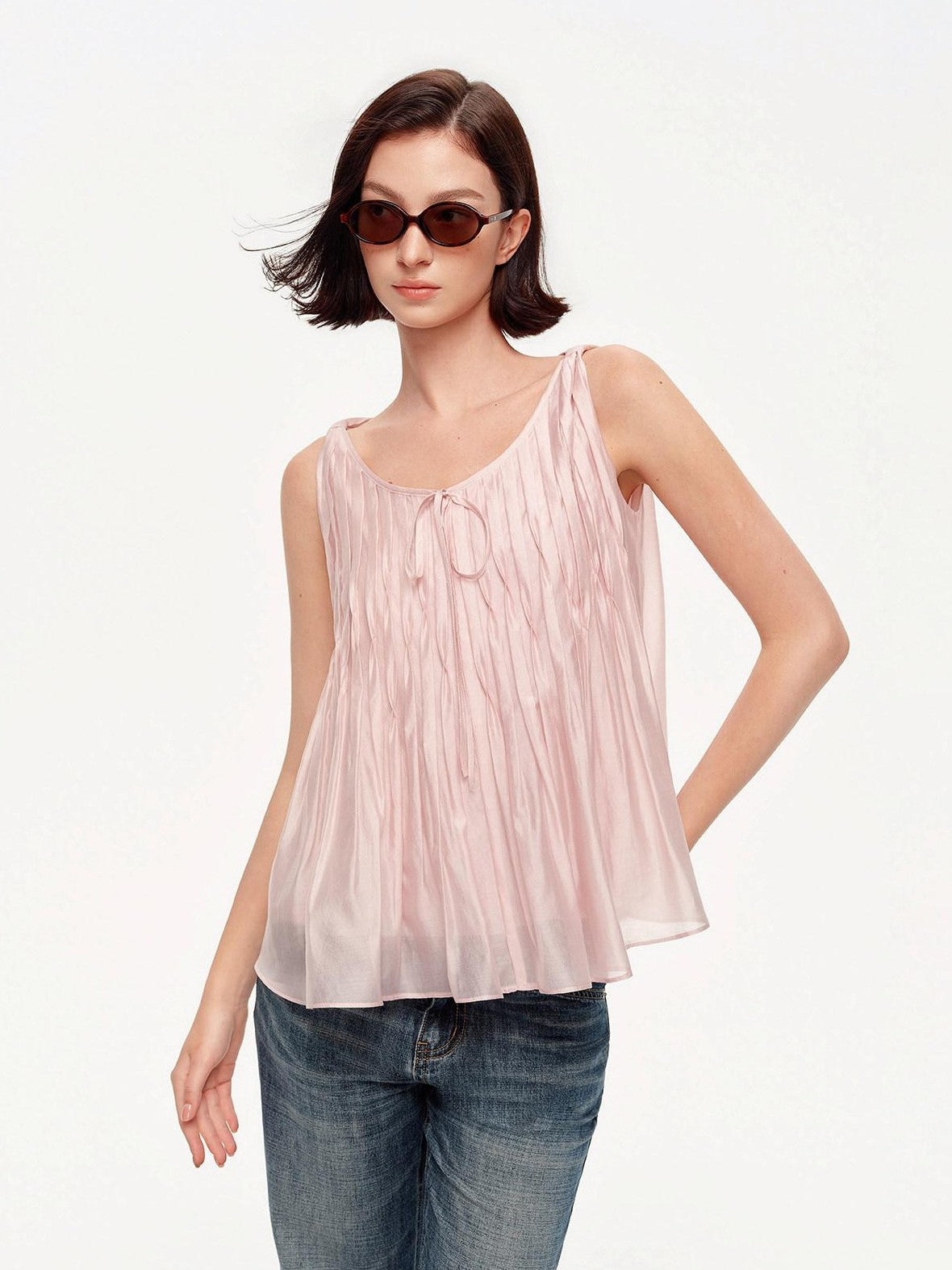 STRIKE A POSE Crinkled V-neck Pinched Pleat A Line Loose Lightweight Women&