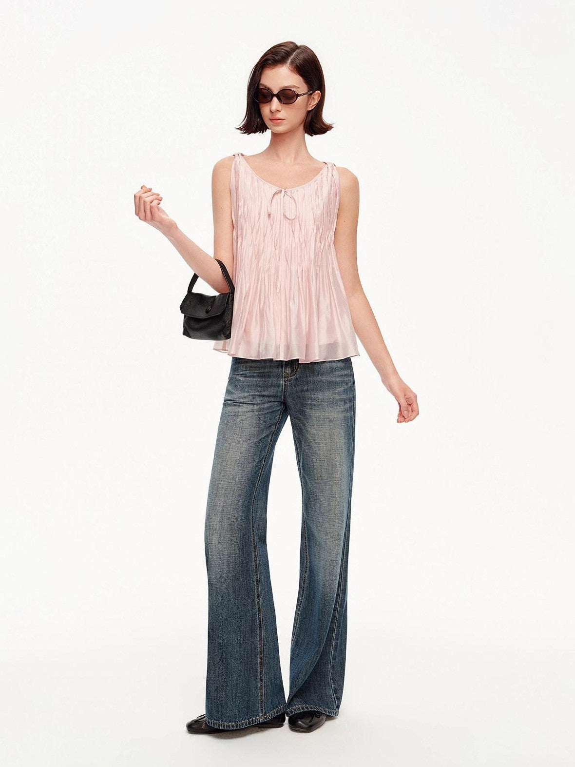 STRIKE A POSE Crinkled V-neck Pinched Pleat A Line Loose Lightweight Women&