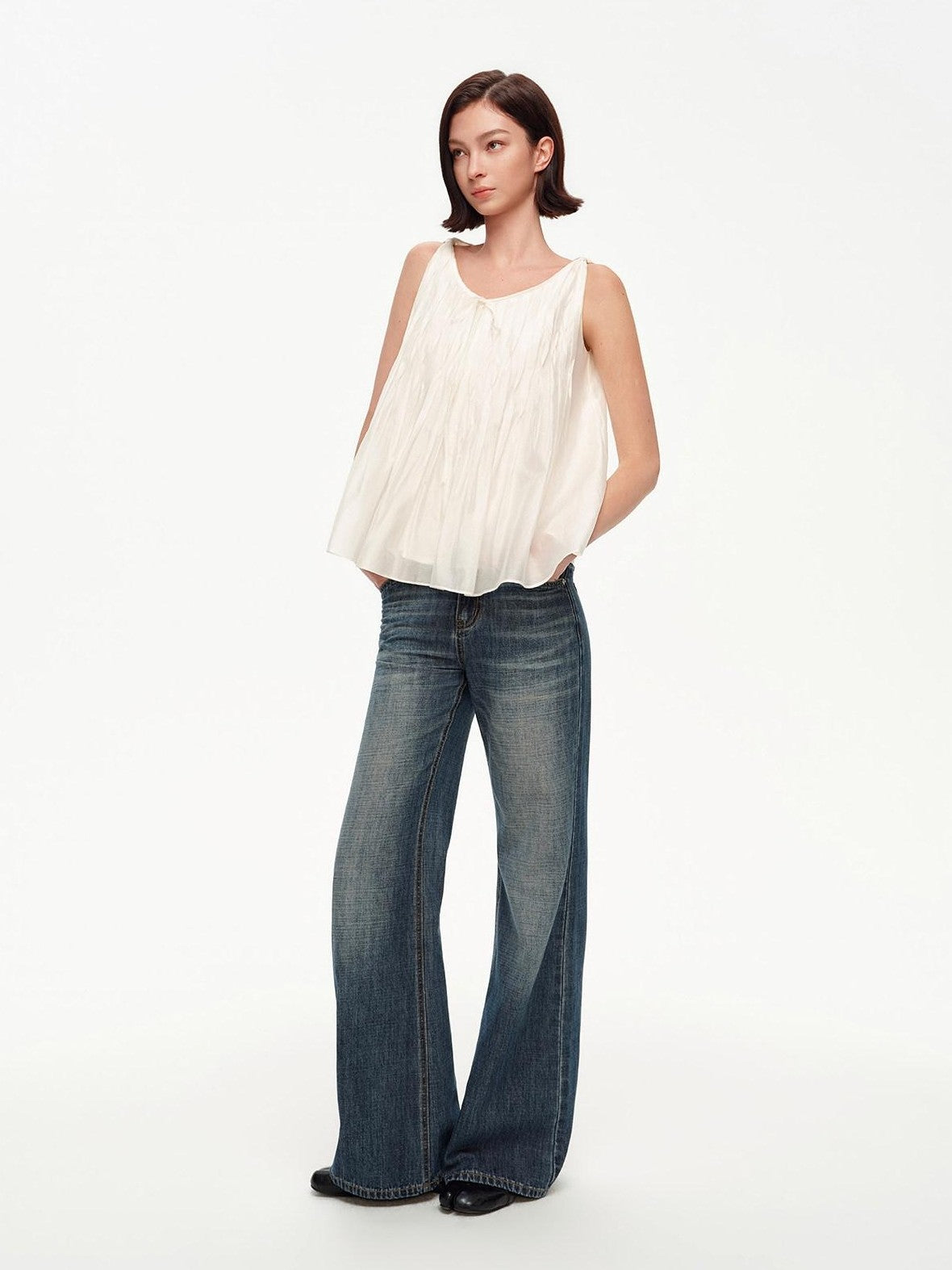 STRIKE A POSE Crinkled V-neck Pinched Pleat A Line Loose Lightweight Women&