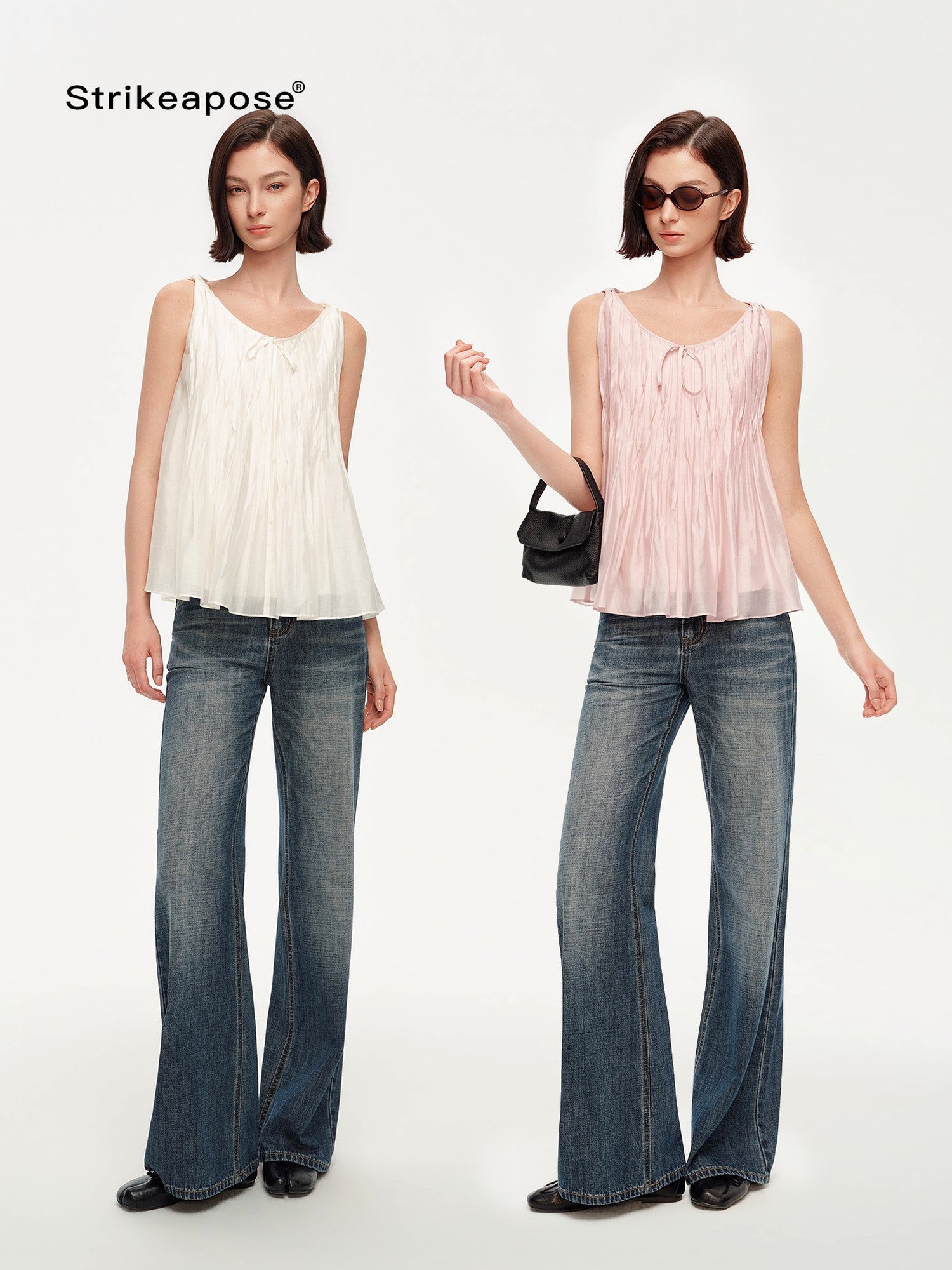 STRIKE A POSE Crinkled V-neck Pinched Pleat A Line Loose Lightweight Women&