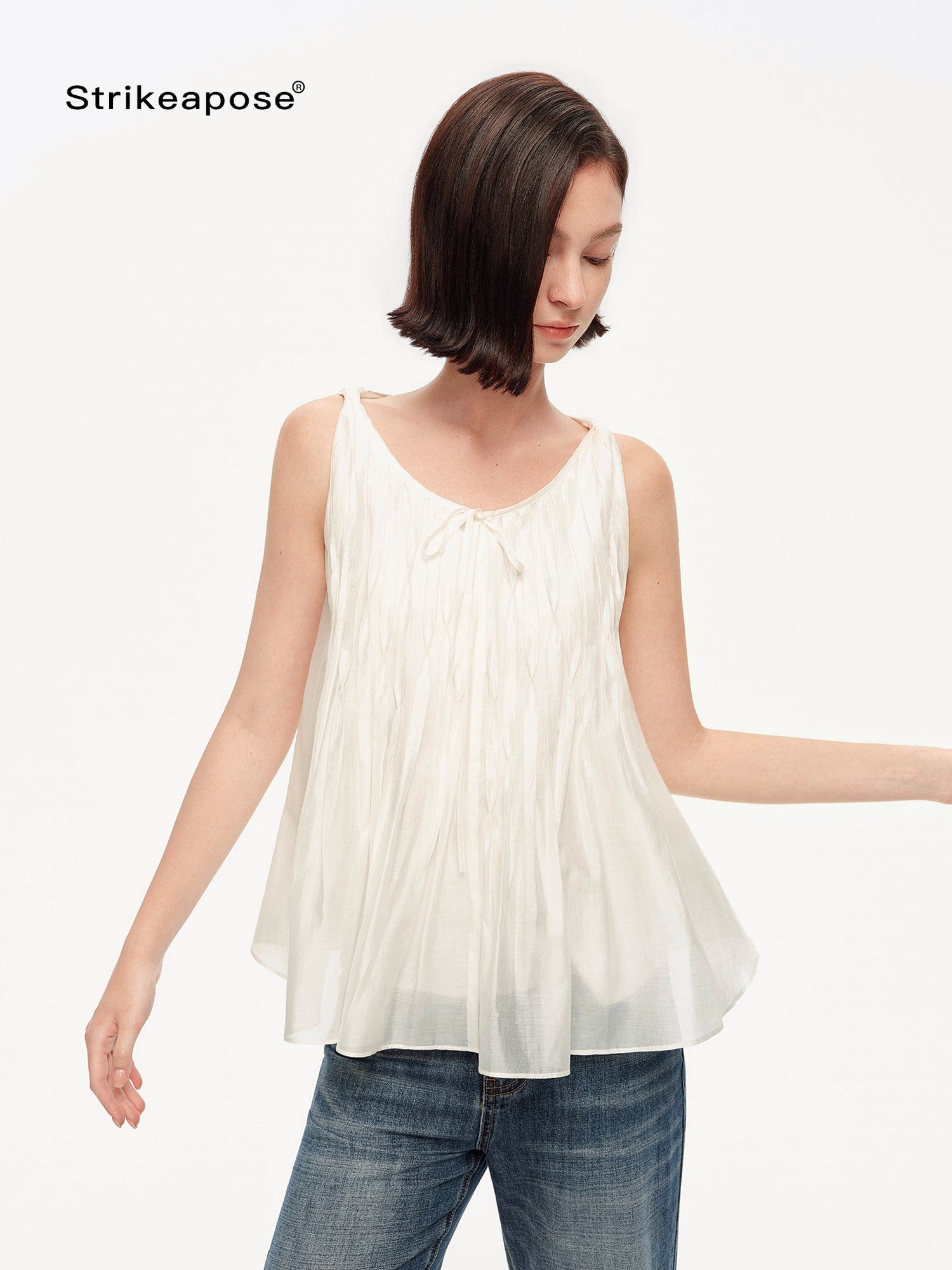 STRIKE A POSE Crinkled V-neck Pinched Pleat A Line Loose Lightweight Women&
