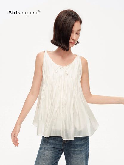 STRIKE A POSE Crinkled V-neck Pinched Pleat A Line Loose Lightweight Women&