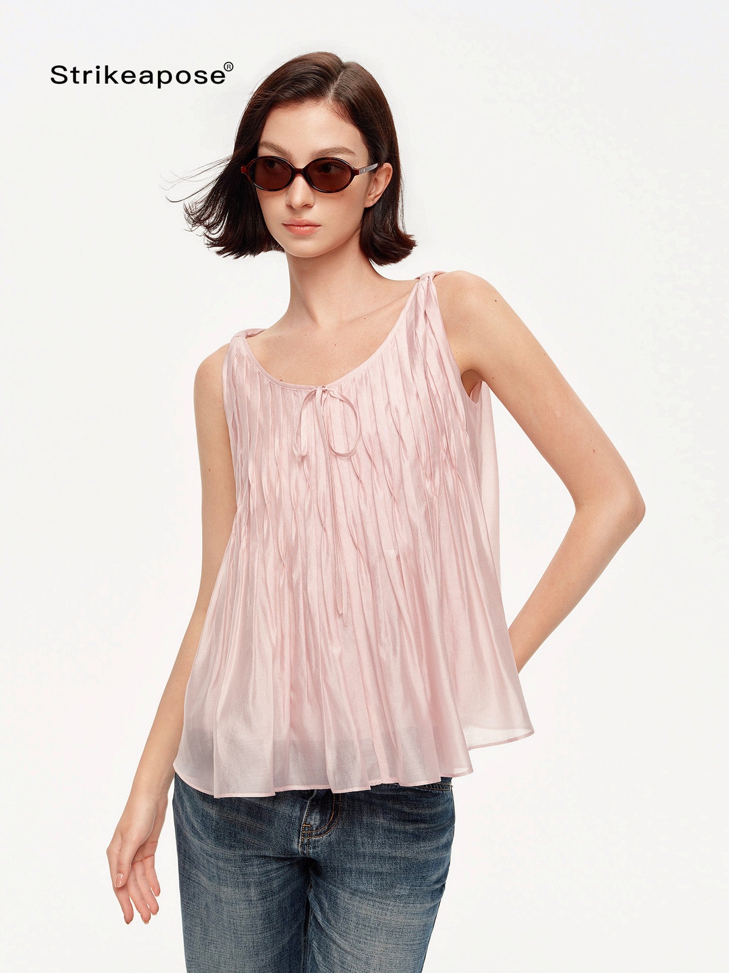 STRIKE A POSE Crinkled V-neck Pinched Pleat A Line Loose Lightweight Women&