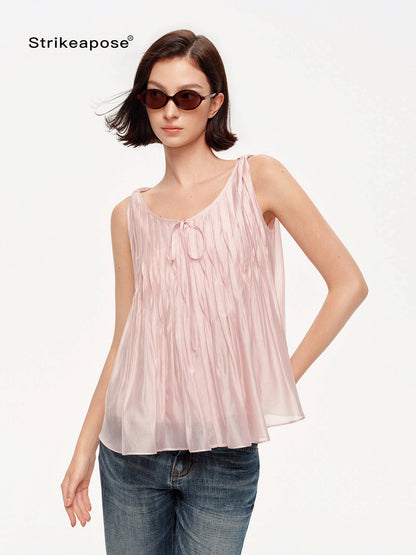 STRIKE A POSE Crinkled V-neck Pinched Pleat A Line Loose Lightweight Women&
