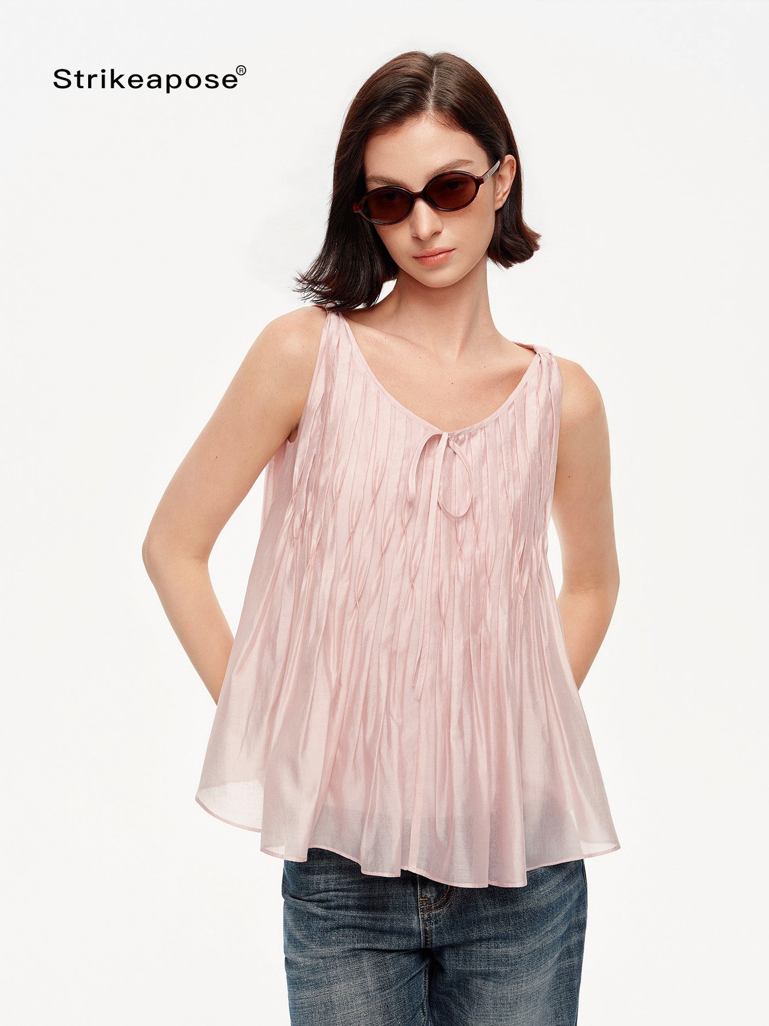 STRIKE A POSE Crinkled V-neck Pinched Pleat A Line Loose Lightweight Women&
