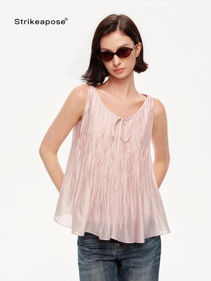 STRIKE A POSE Crinkled V-neck Pinched Pleat A Line Loose Lightweight Women&
