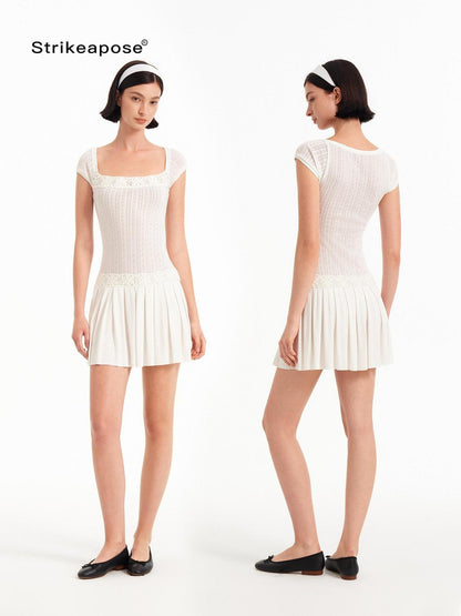 STRIKE A POSE Crochet Spliced Square Neck Pleated A Line Women&