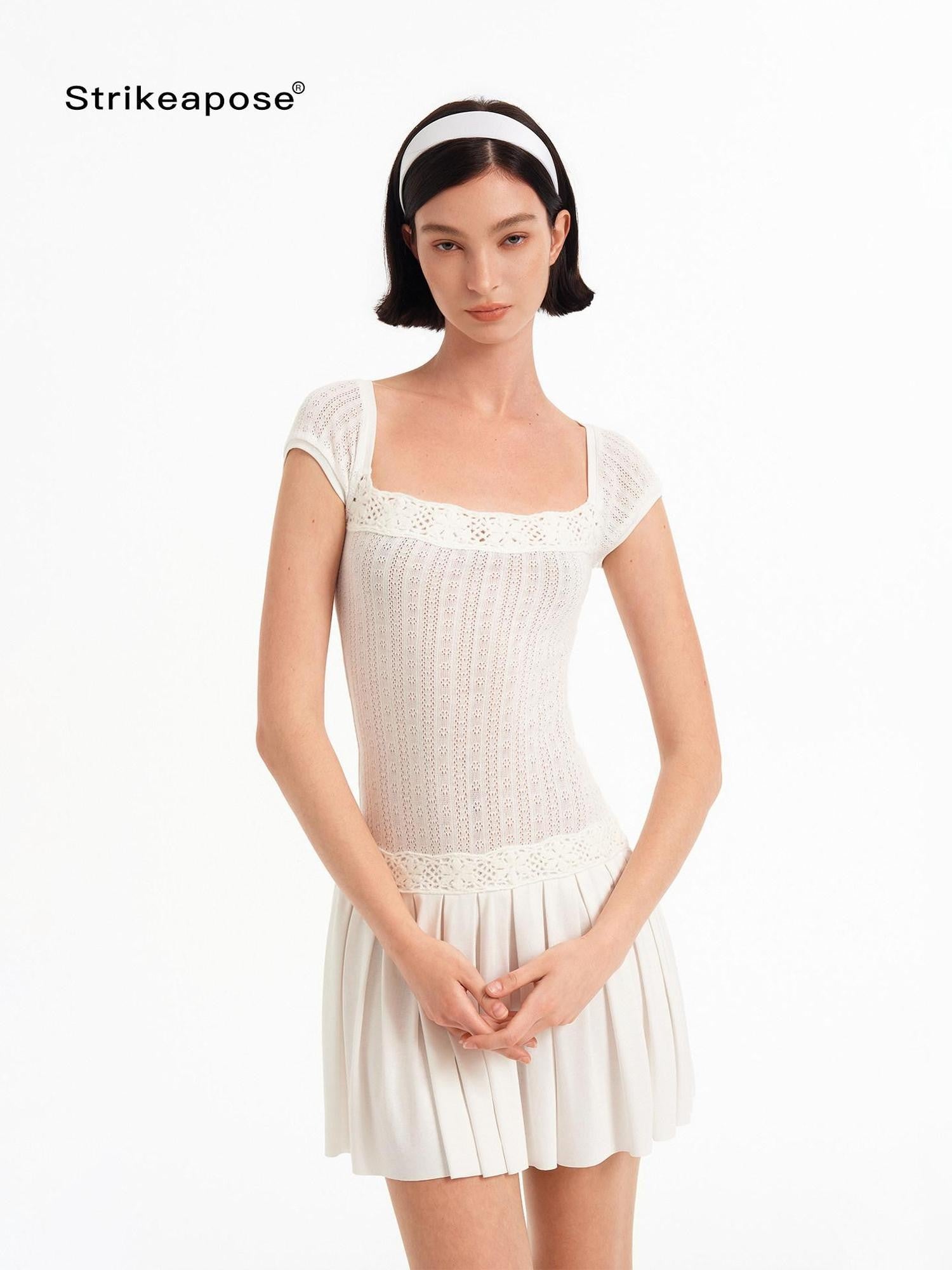 STRIKE A POSE Crochet Spliced Square Neck Pleated A Line Women&