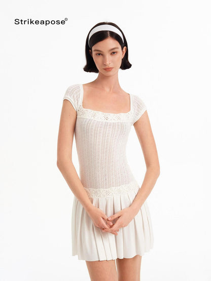 STRIKE A POSE Crochet Spliced Square Neck Pleated A Line Women&