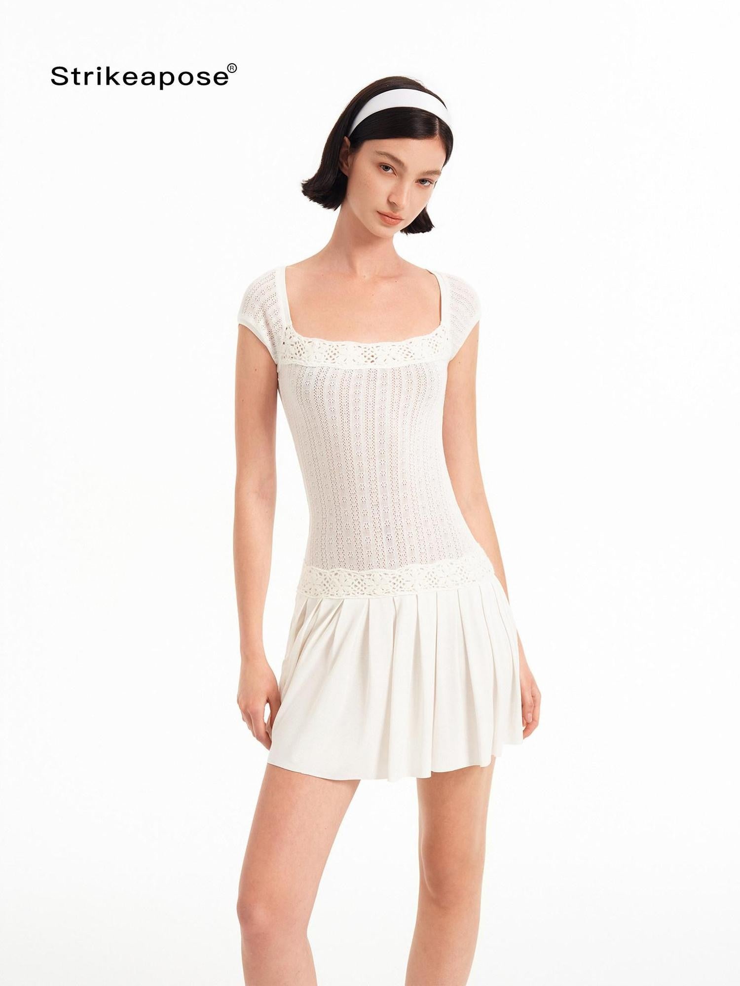 STRIKE A POSE Crochet Spliced Square Neck Pleated A Line Women&