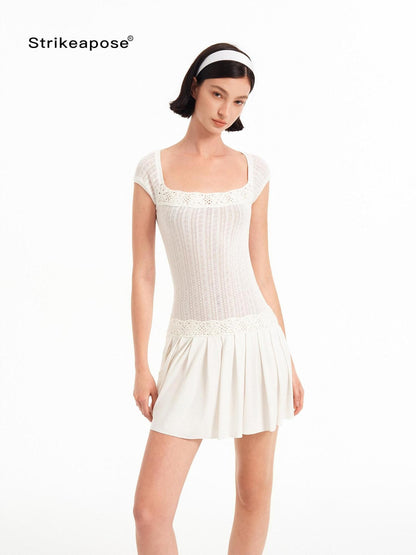 STRIKE A POSE Crochet Spliced Square Neck Pleated A Line Women&