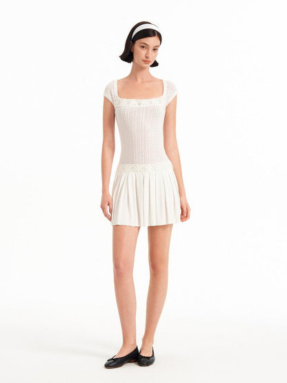 STRIKE A POSE Crochet Spliced Square Neck Pleated A Line Women&